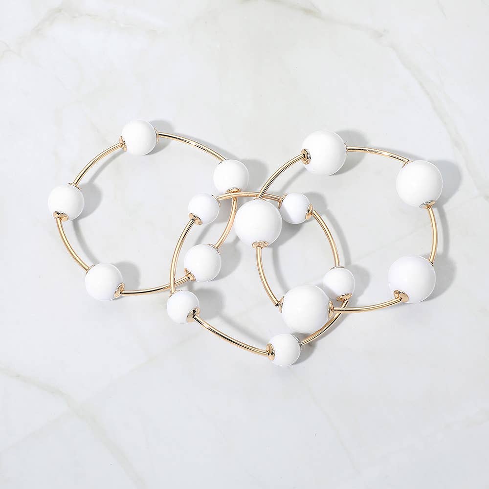 3PCS - Resin Ball Metal Bar Beaded Stretch Stackable Multi Layered Bracelets: Gold,Lavender