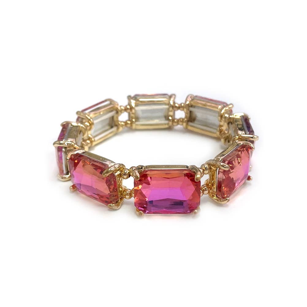 Rectangular Glass Crystal Linked Stretch Bracelet: NEON-MULTI