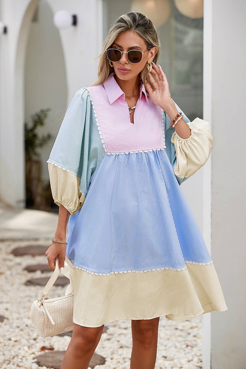 LDC Striped Patchwork Ric Rac Puff Sleeve Collared Dress: Multi-Colored / XL