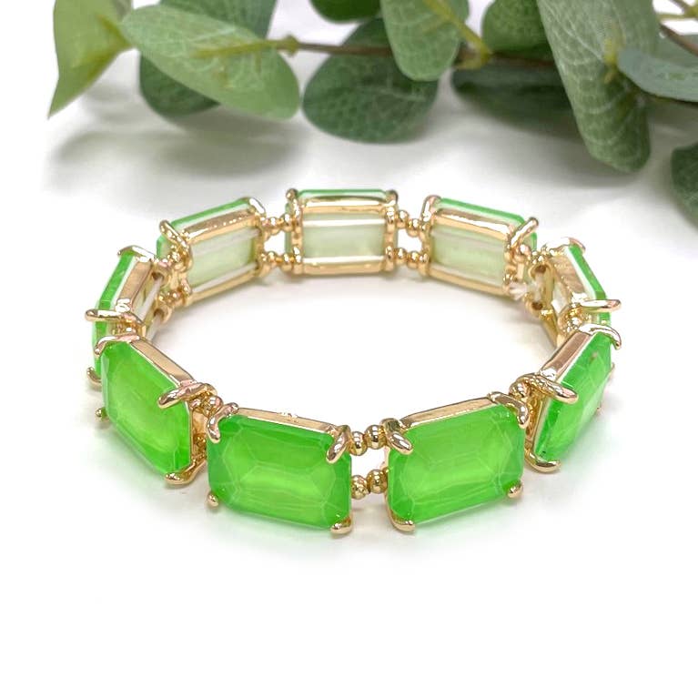 Rectangular Glass Crystal Linked Stretch Bracelet: NEON-FUCHSIA