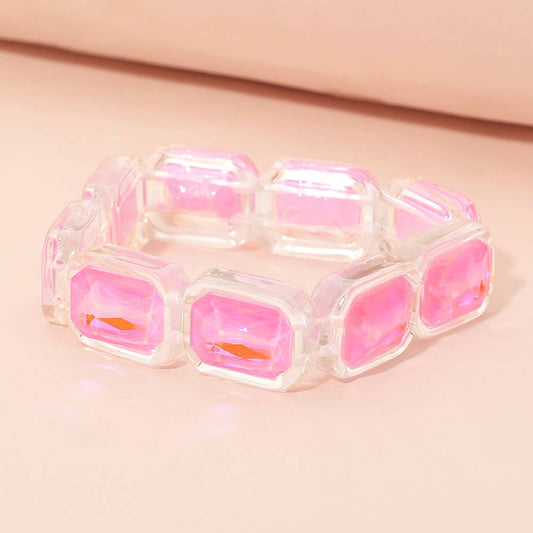 Iridescent Rectangular Resin Frame Beaded Stretch Bracelet: Pink