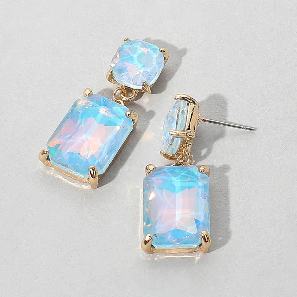 Square Rectangle Glass Stone Link Dangle Evening Earrings: G-BL-AB