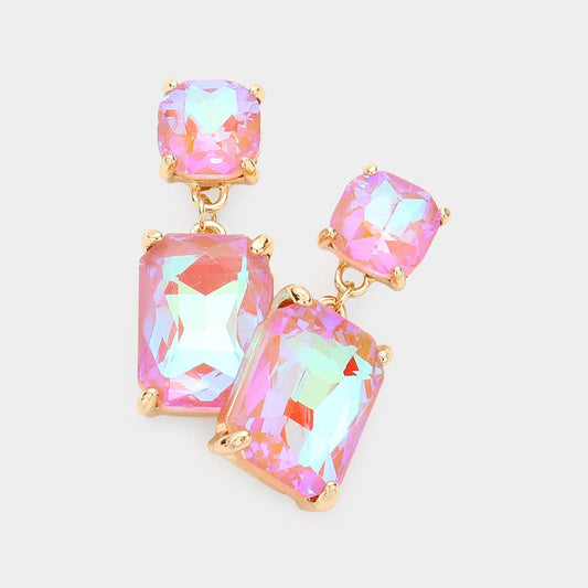 Square Rectangle Glass Stone Link Dangle Evening Earrings: G-PK-AB