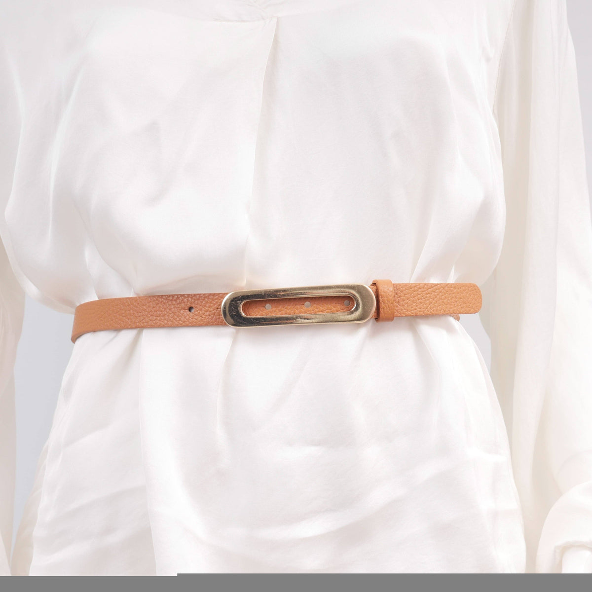 Slim leather belt with gold oval buckle – ref BK0101: Marron F
