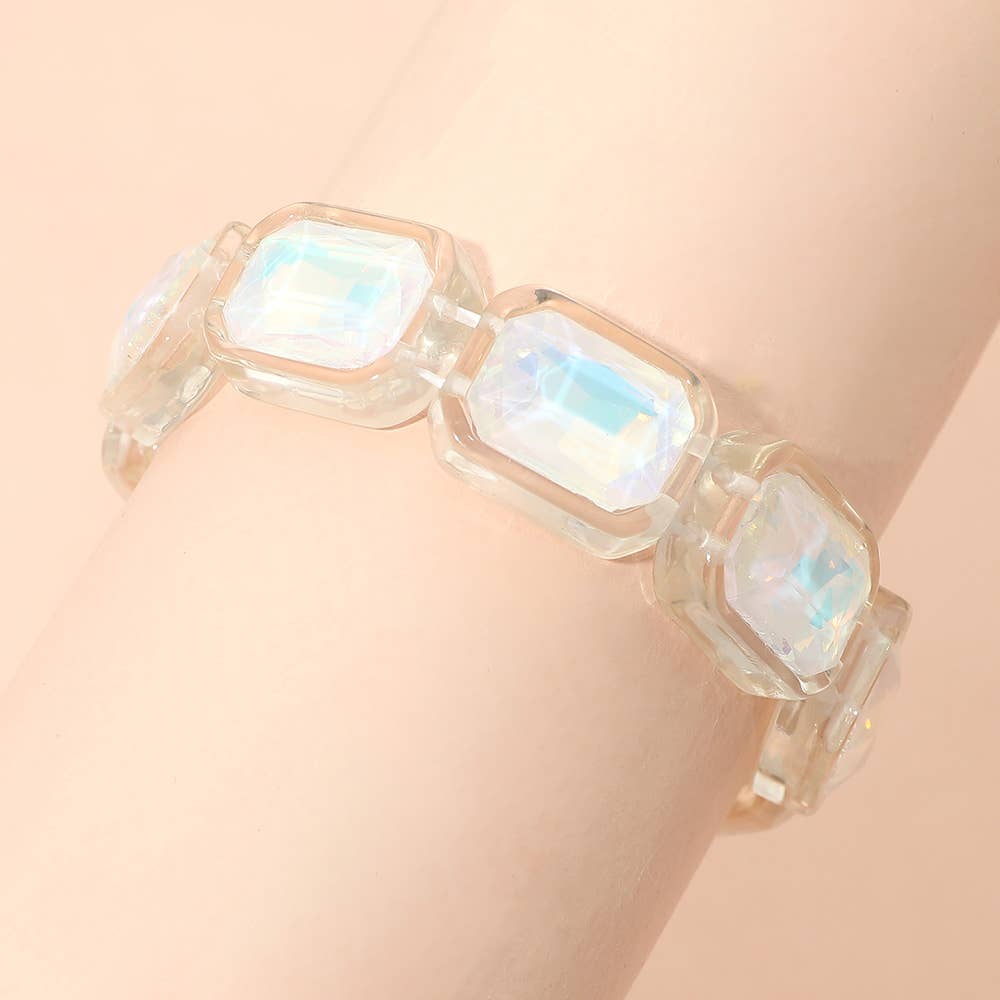 Iridescent Rectangular Resin Frame Beaded Stretch Bracelet: Pink