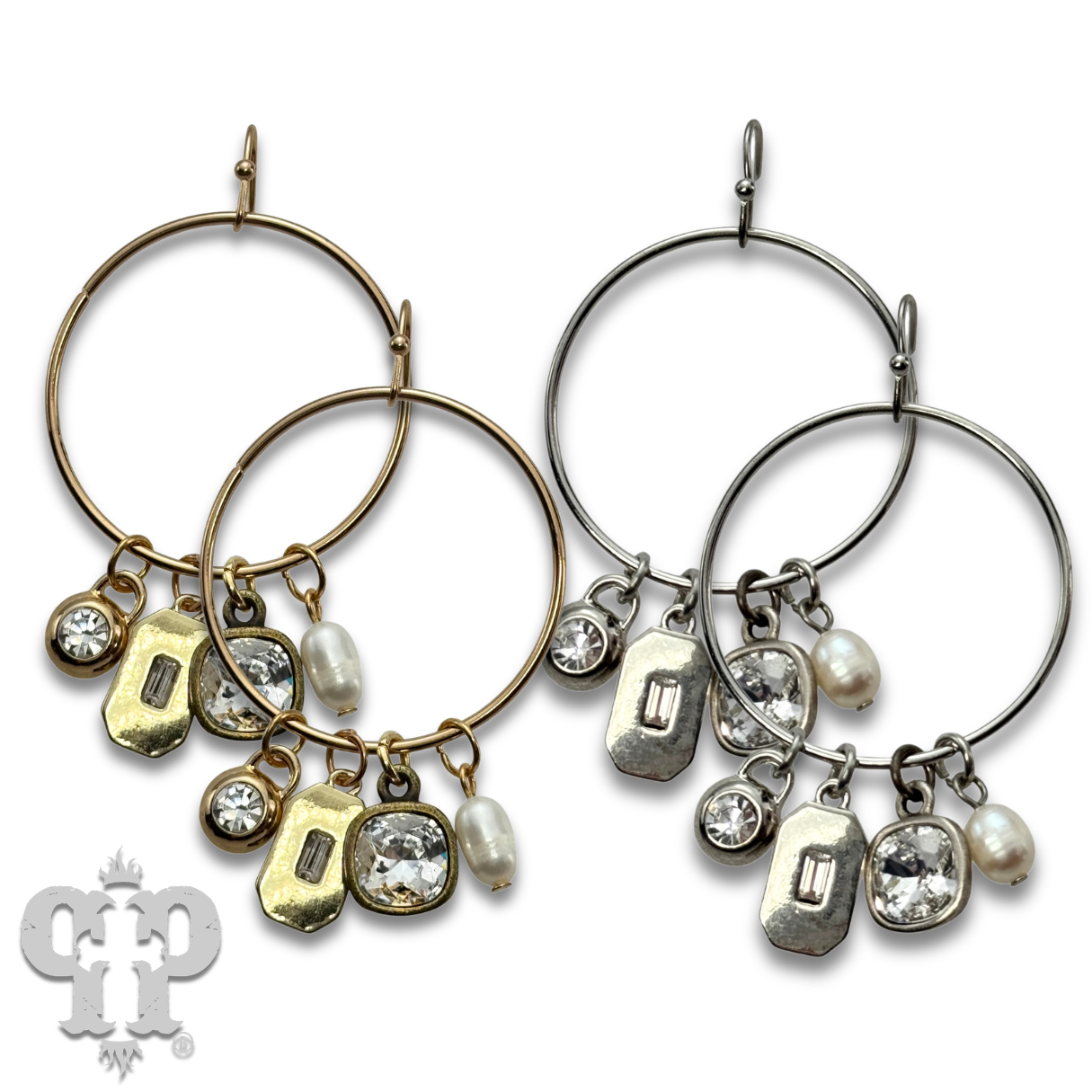 Circle charm earring, Austrian crystal: Gold