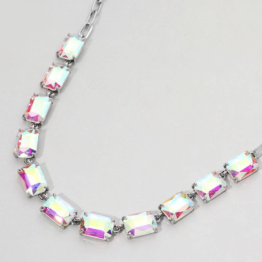 Cushion Rectangular Stone Cluster Link Evening Necklace: AB,Antique Silver