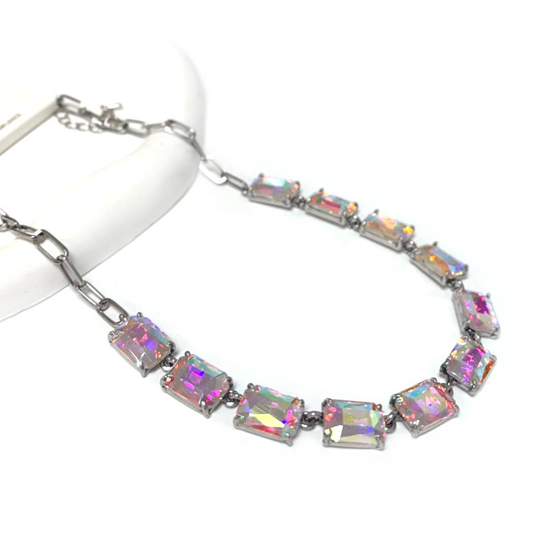 Rectangle Crystal Glass Linked Statement Chain Necklace : Neon Multi