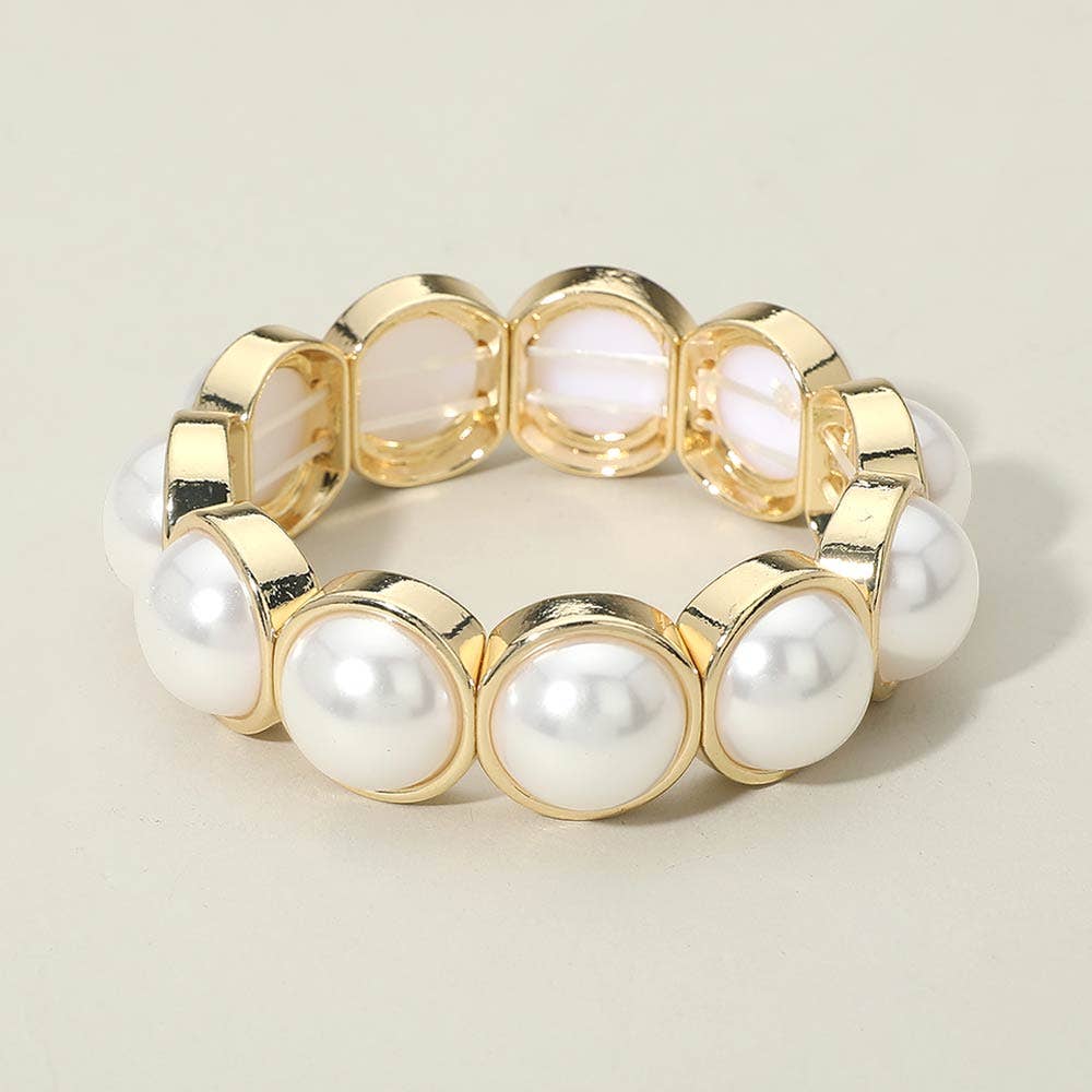 Round Pearl Bezel Beaded Stretch Bracelet