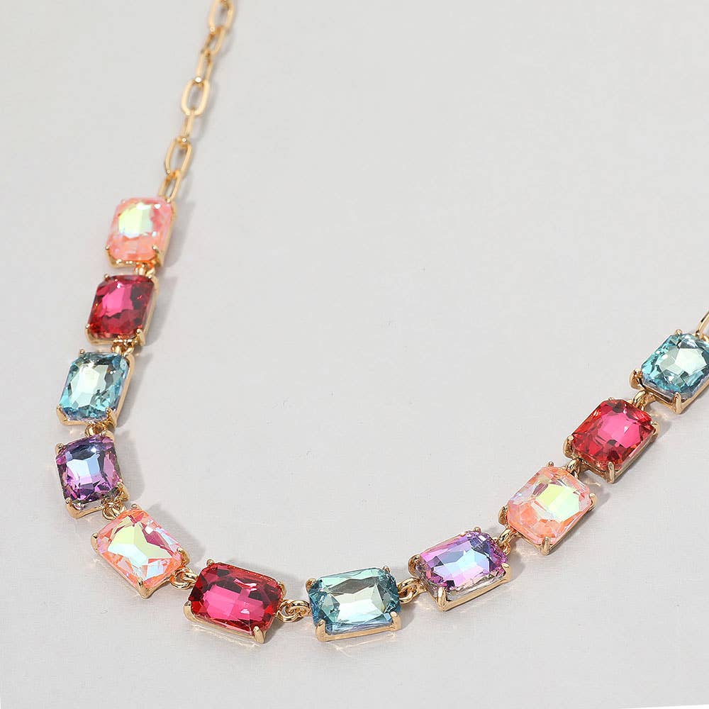 Cushion Rectangular Stone Cluster Link Evening Necklace: AB,Multi