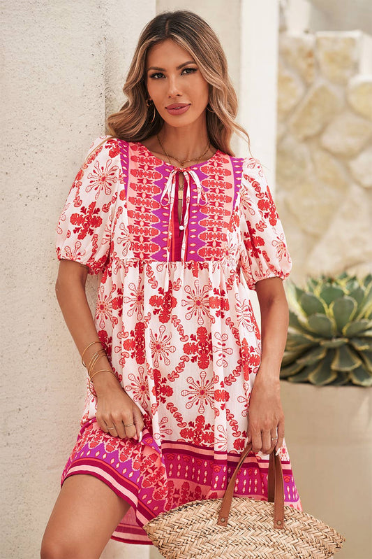 LDC Boho Floral Short Sleeve Lace-up V Neck Mini Dress: Rose / M
