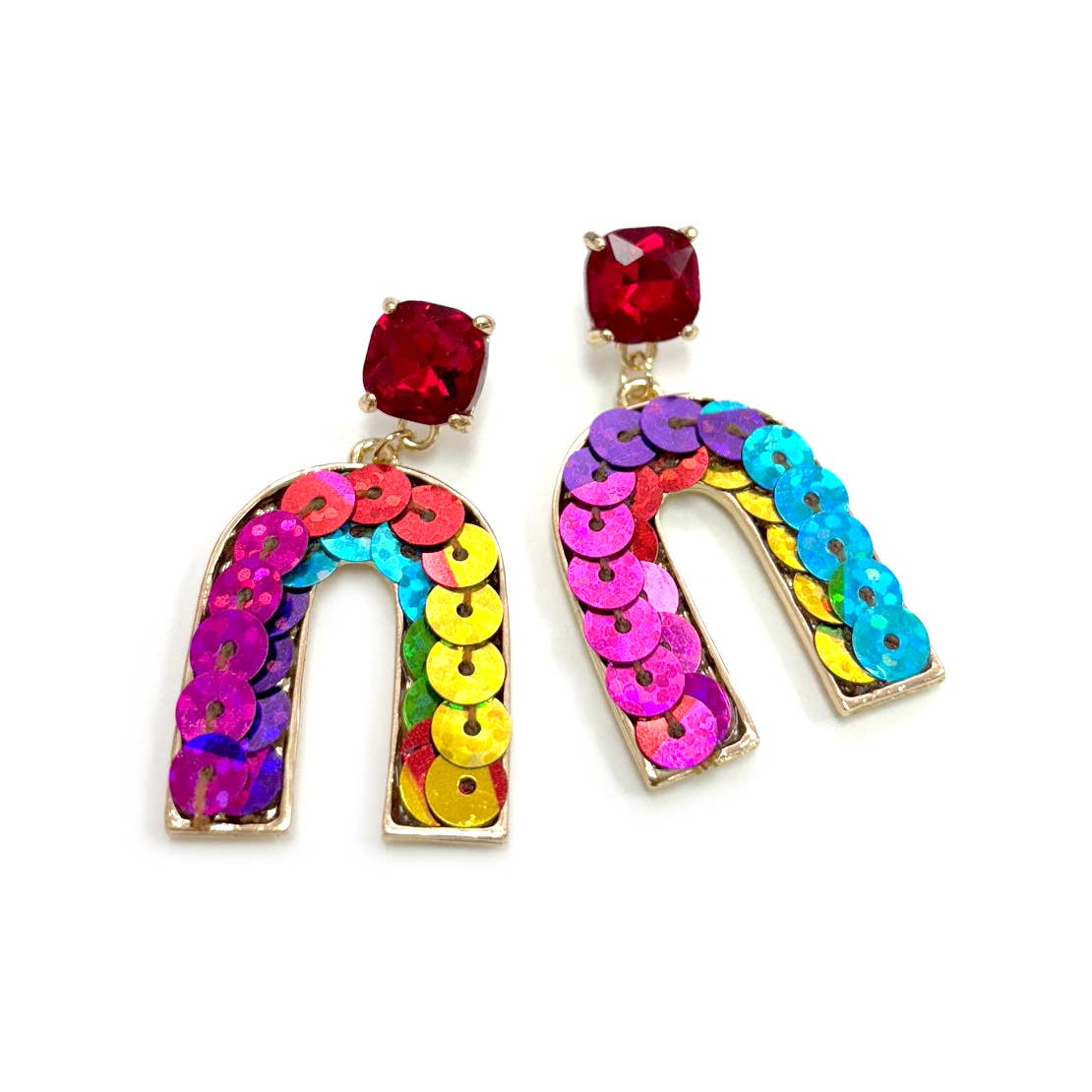 Cushion Cut Stone Post with Arch Sequin Dangle Earrings: Pink