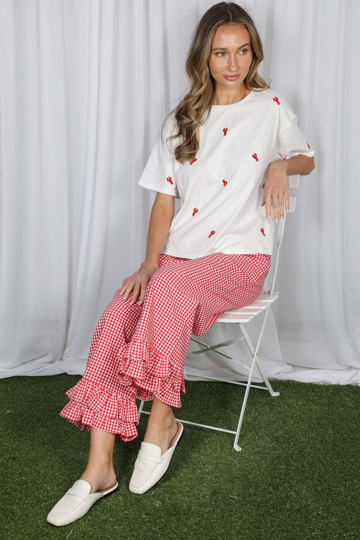 Gingham Casual Ruffled Hem 100%Cotton Cropped Pants VP83379A: Red / L