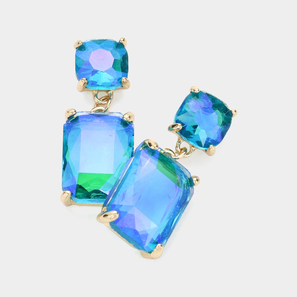 Square Rectangle Glass Stone Link Dangle Evening Earrings: G-MT-AB