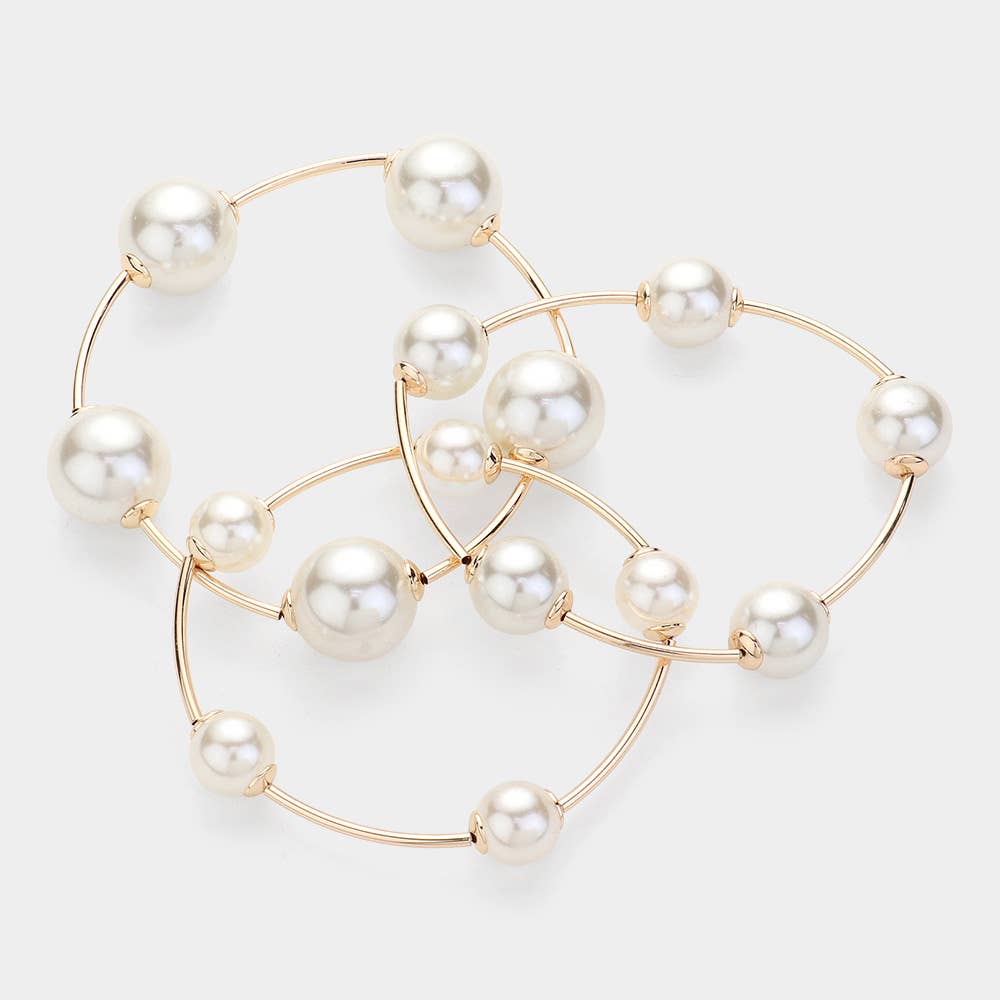 3PCS - Pearl Stretch Multi Layered Bracelets: Yellow Gold