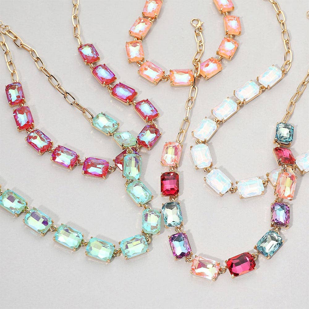 Cushion Rectangular Stone Cluster Link Evening Necklace: AB,Lavender
