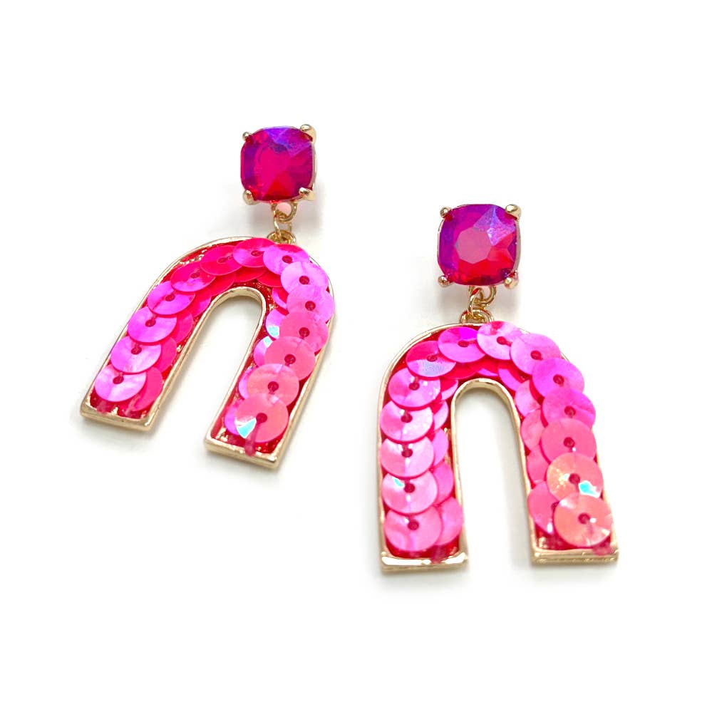 Cushion Cut Stone Post with Arch Sequin Dangle Earrings: Pink