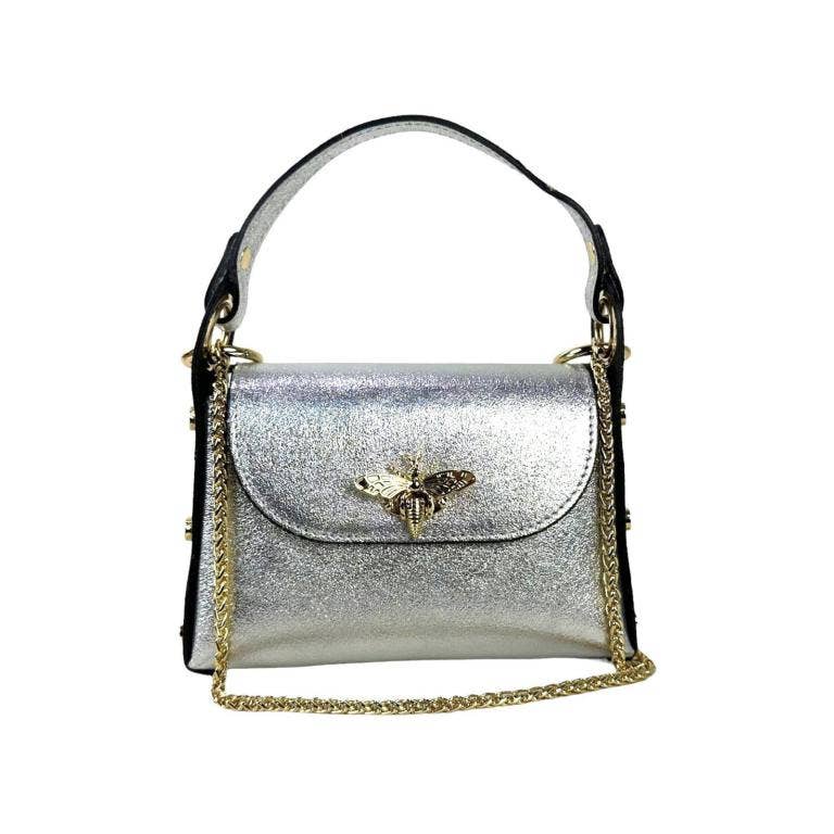 Women's Metallic Leather Compact Bag with Studs and Bee: Rose