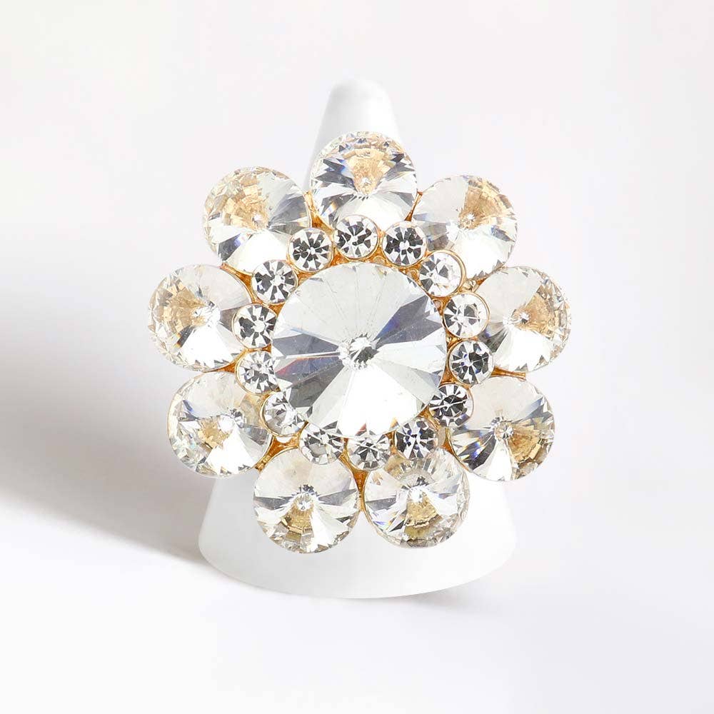 Round Crystal Flower Stretch Ring: AB,Gold