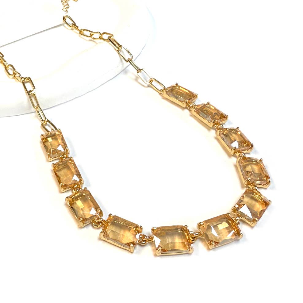 Rectangle Crystal Glass Linked Statement Chain Necklace : Neon Multi