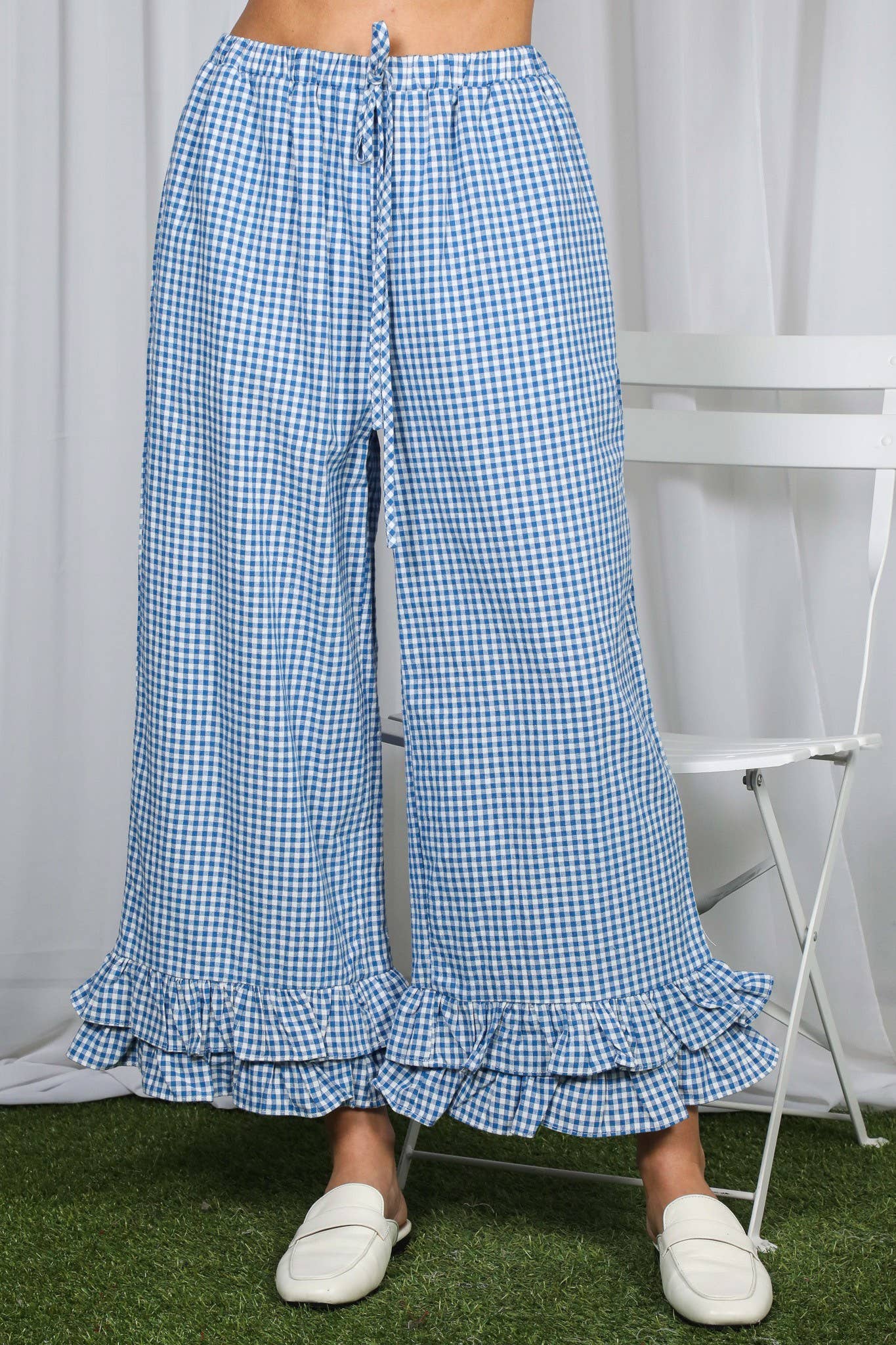 Gingham Casual Ruffled Hem 100%Cotton Cropped Pants VP83379A: Red / S