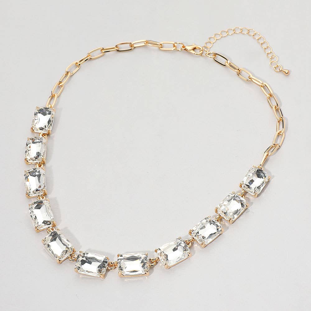 Cushion Rectangular Stone Cluster Link Evening Necklace: AB,Lavender