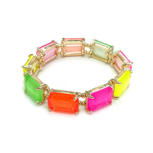 Rectangular Glass Crystal Linked Stretch Bracelet: NEON-MULTI