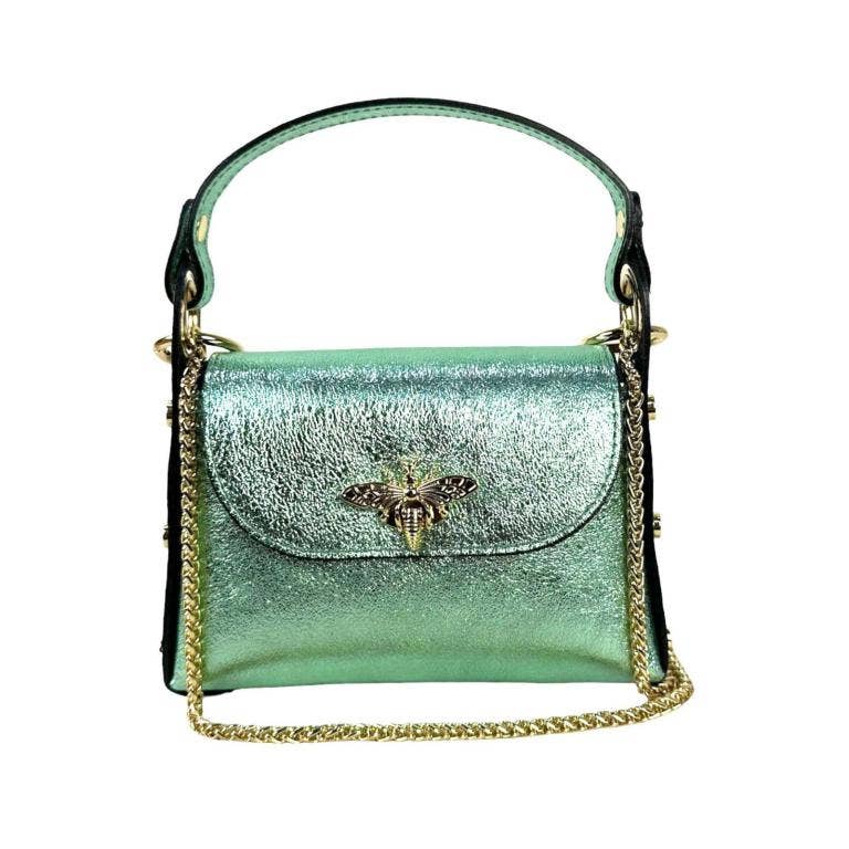 Women's Metallic Leather Compact Bag with Studs and Bee: Rose