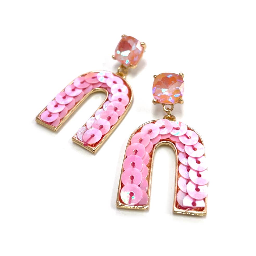 Cushion Cut Stone Post with Arch Sequin Dangle Earrings: Lavender