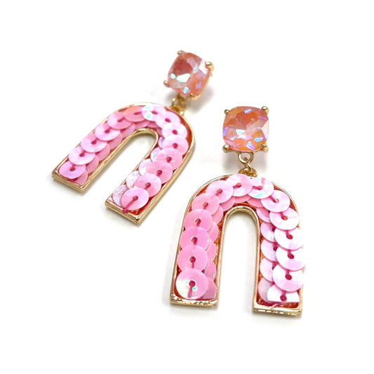 Cushion Cut Stone Post with Arch Sequin Dangle Earrings: Pink