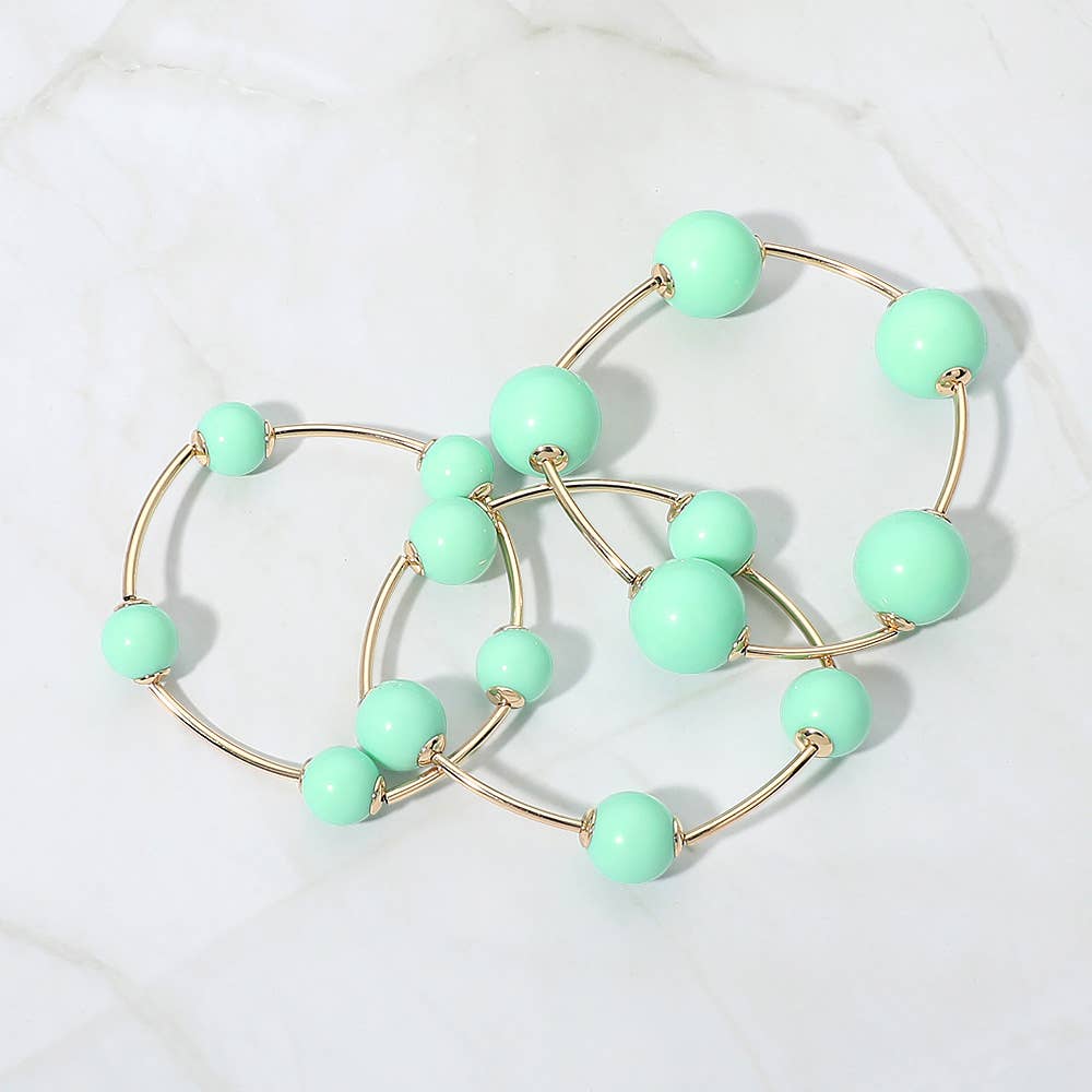3PCS - Resin Ball Metal Bar Beaded Stretch Stackable Multi Layered Bracelets: Gold,Light,Pink