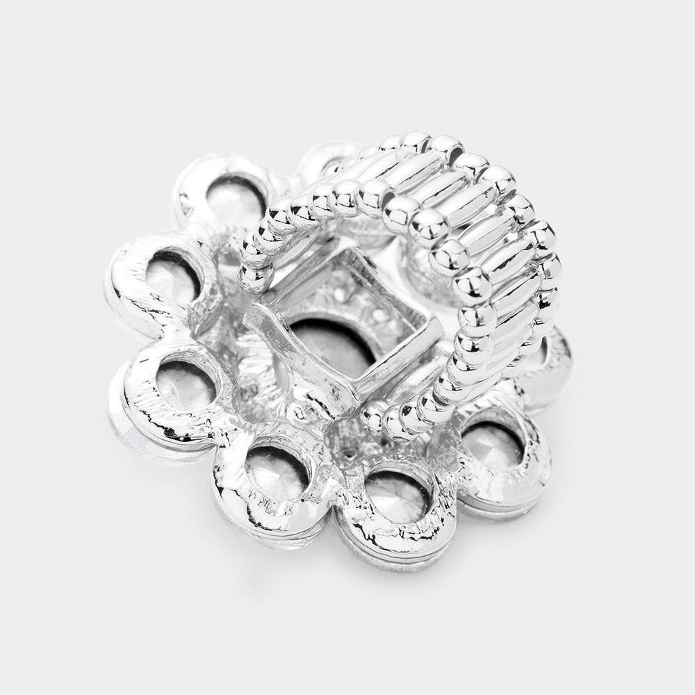 Round Crystal Flower Stretch Ring: AB,Silver