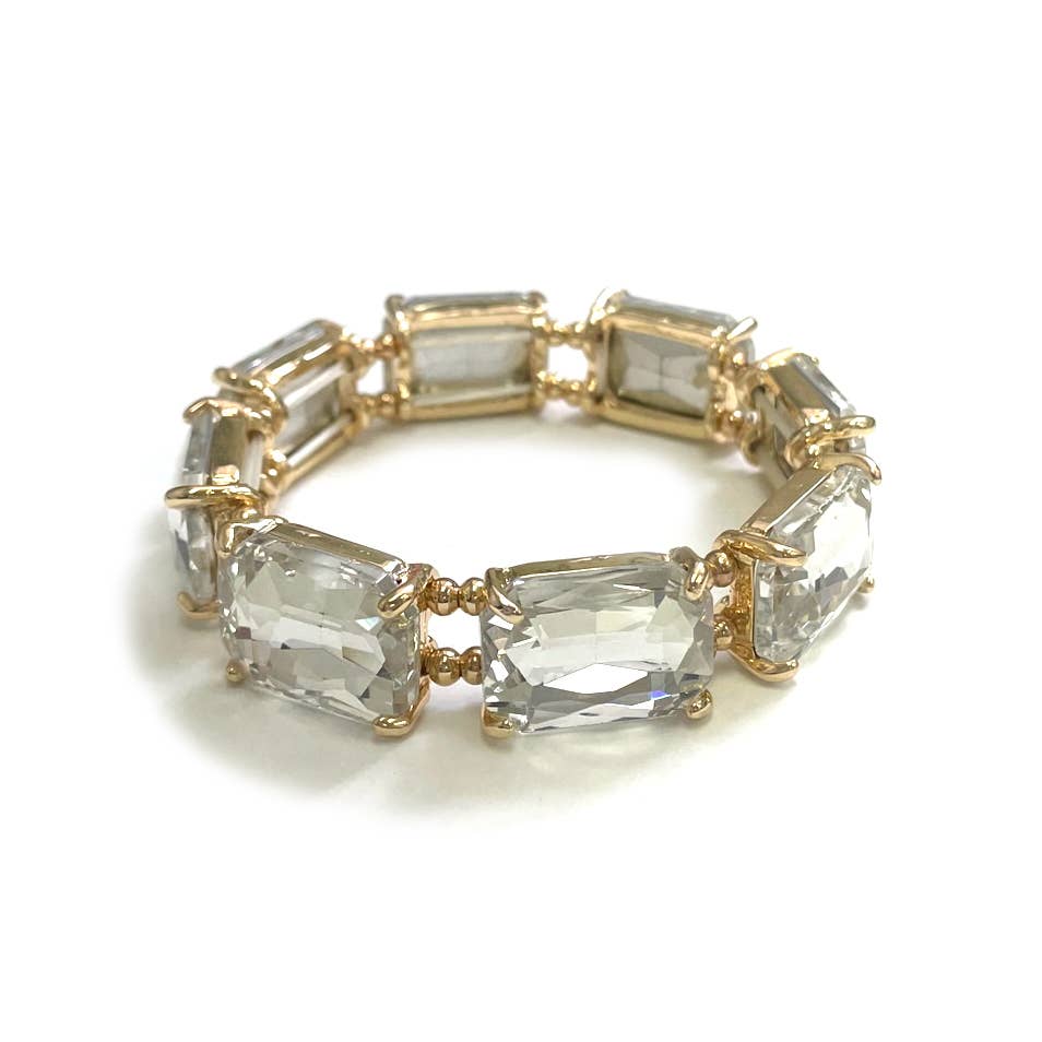 Rectangular Glass Crystal Linked Stretch Bracelet: NEON-GREEN