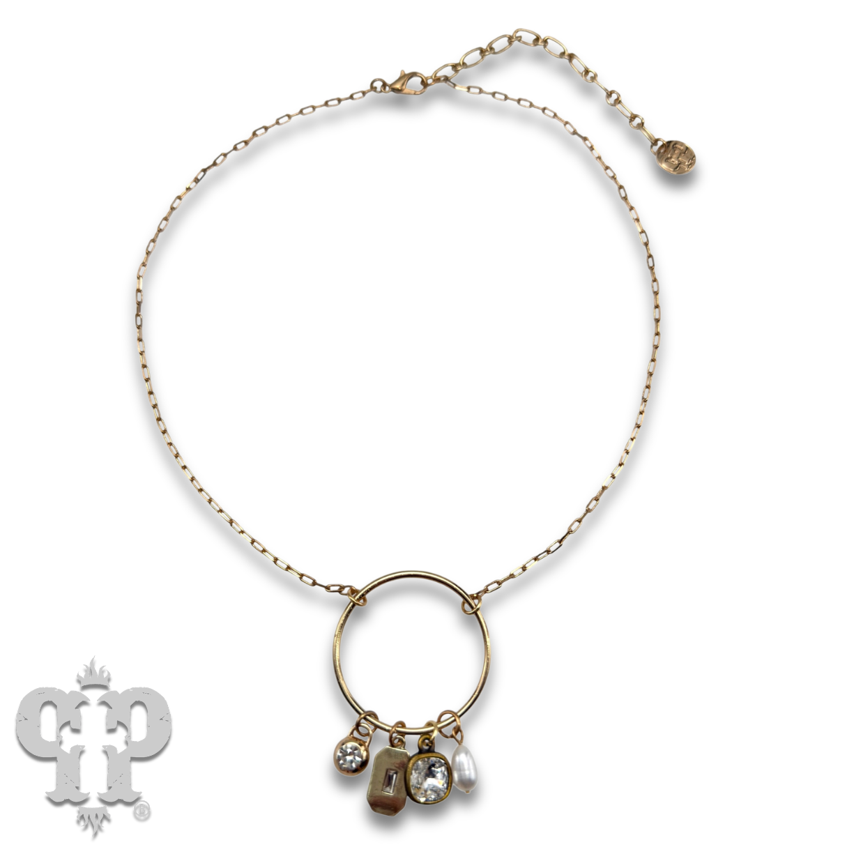 Circle charm necklace, Austrian crystal: Gold
