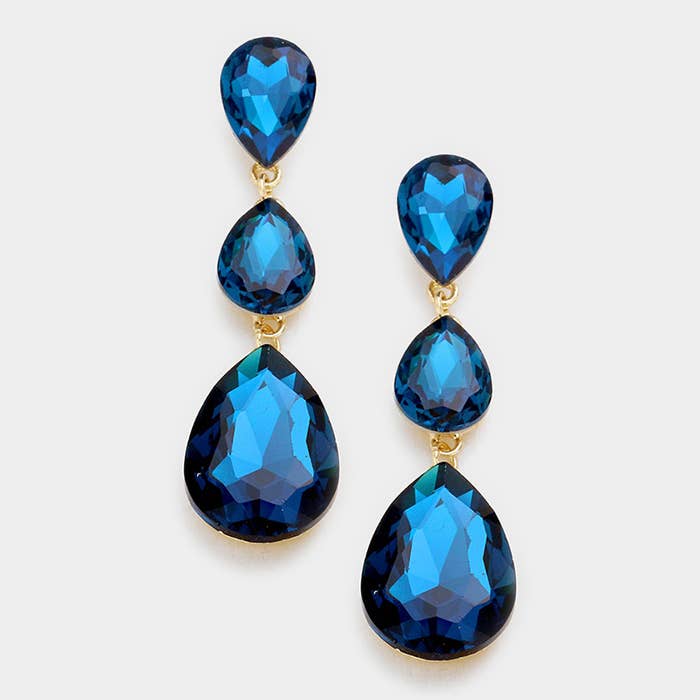 Triple Glass Crystal Teardrop Evening Earrings: AB Gold