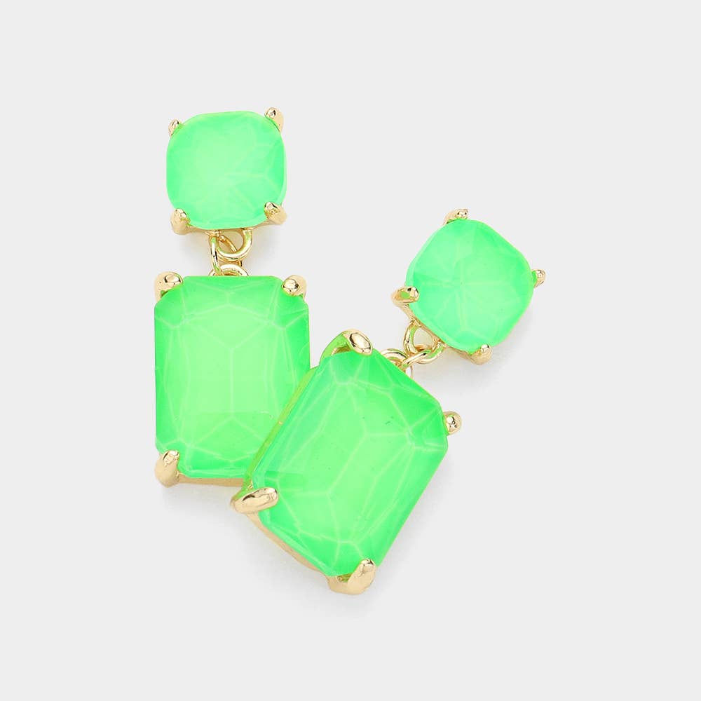 Square Rectangle Glass Stone Link Dangle Evening Earrings: G-BL-AB