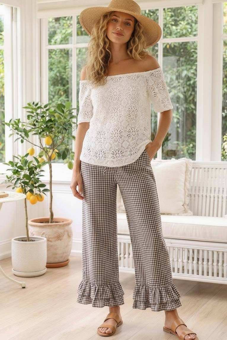 Gingham Casual Ruffled Hem 100%Cotton Cropped Pants VP83379A: Red / L