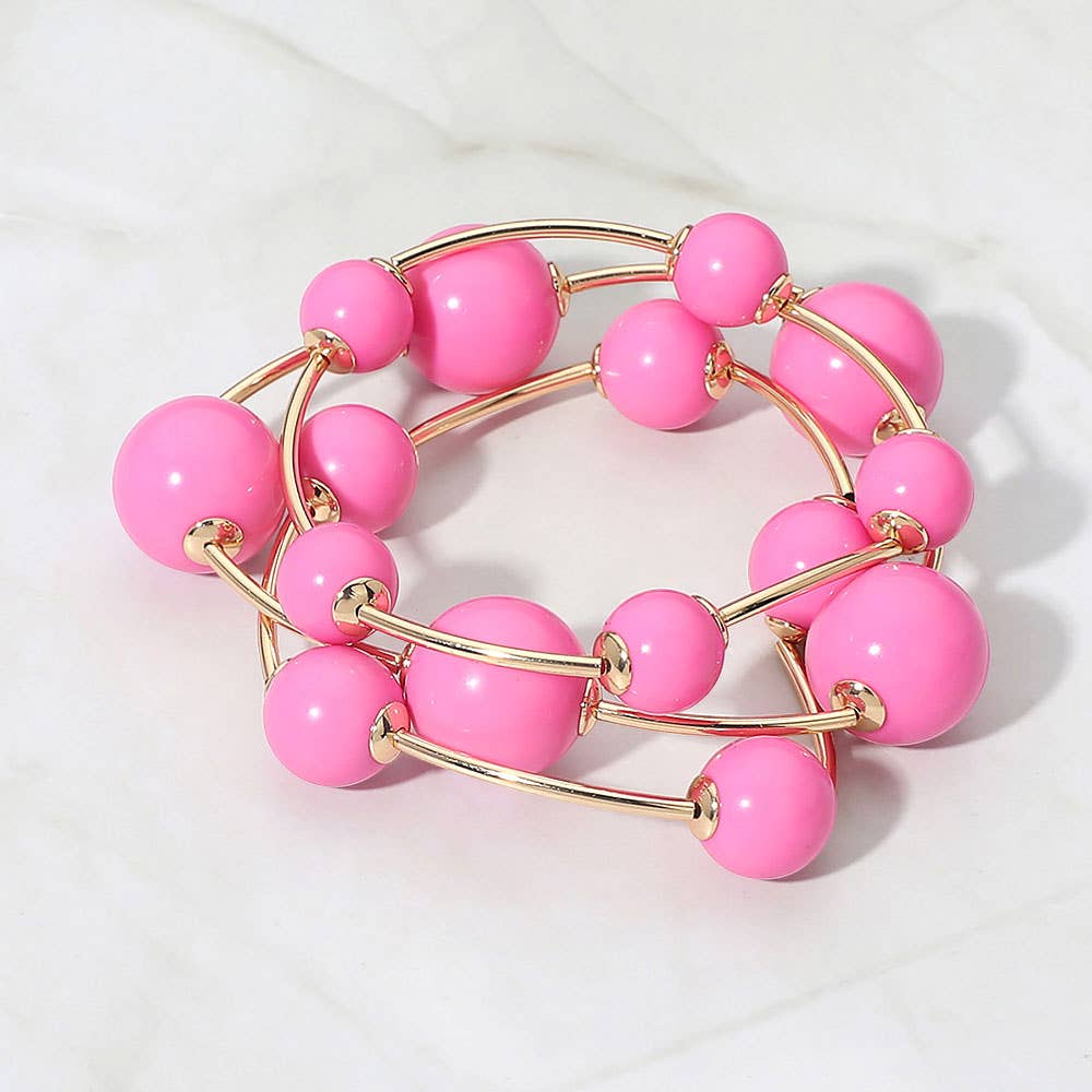 3PCS - Resin Ball Metal Bar Beaded Stretch Stackable Multi Layered Bracelets: Gold,Light Blue