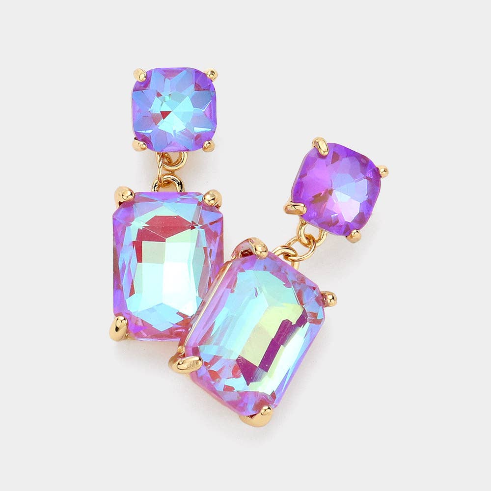 Square Rectangle Glass Stone Link Dangle Evening Earrings: G-PK-AB