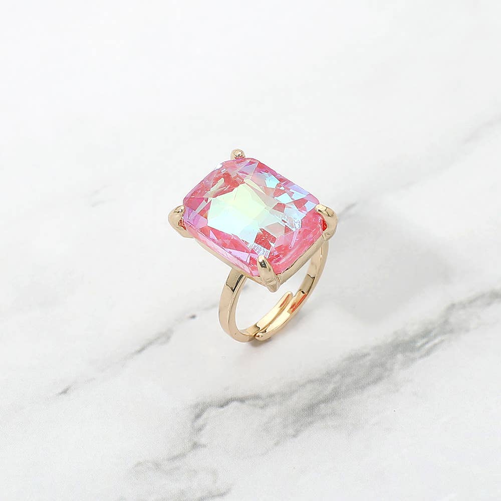 Bold Emerald Cut Stone Cluster Accent Adjustable Ring: AB,Blue