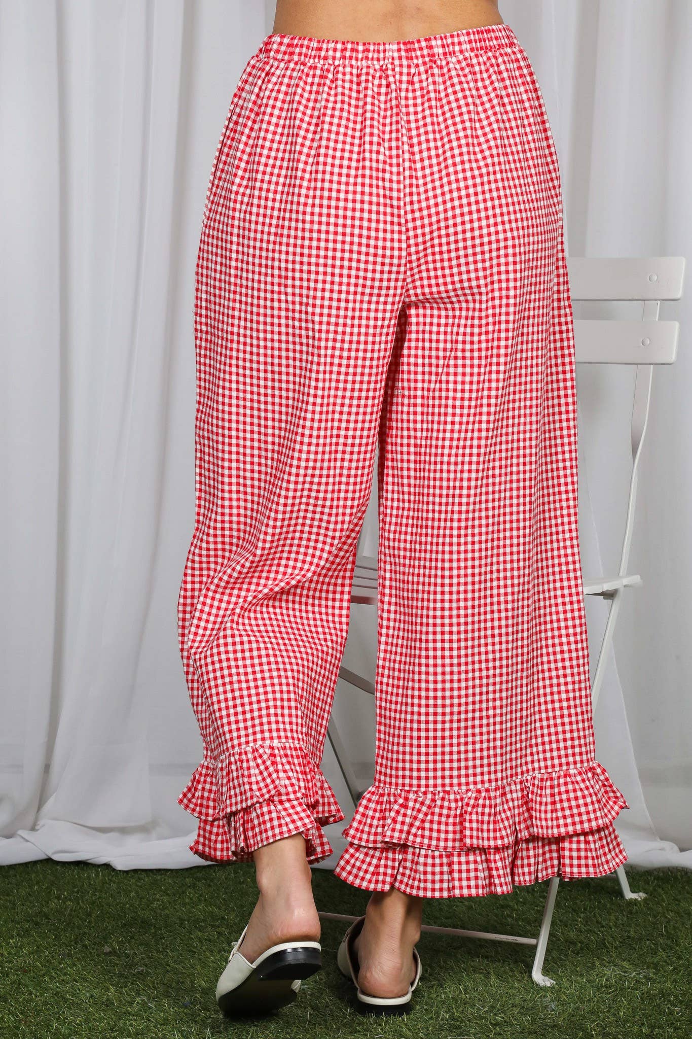 Gingham Casual Ruffled Hem 100%Cotton Cropped Pants VP83379A: Red / L