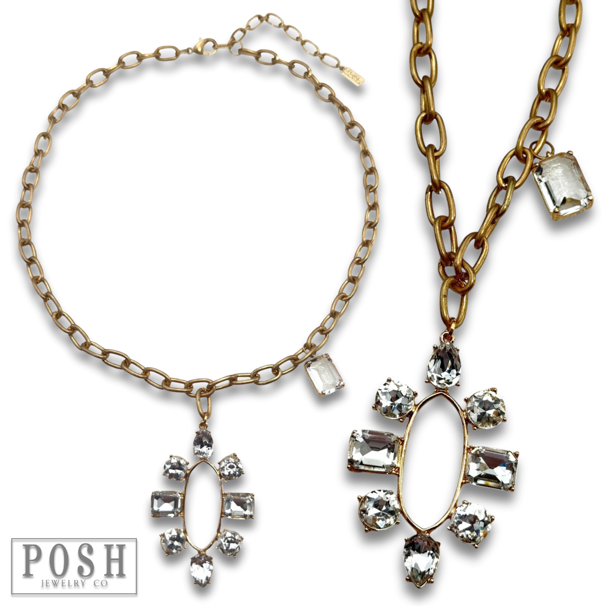 Rhinestone pendant and chain necklace: Gold