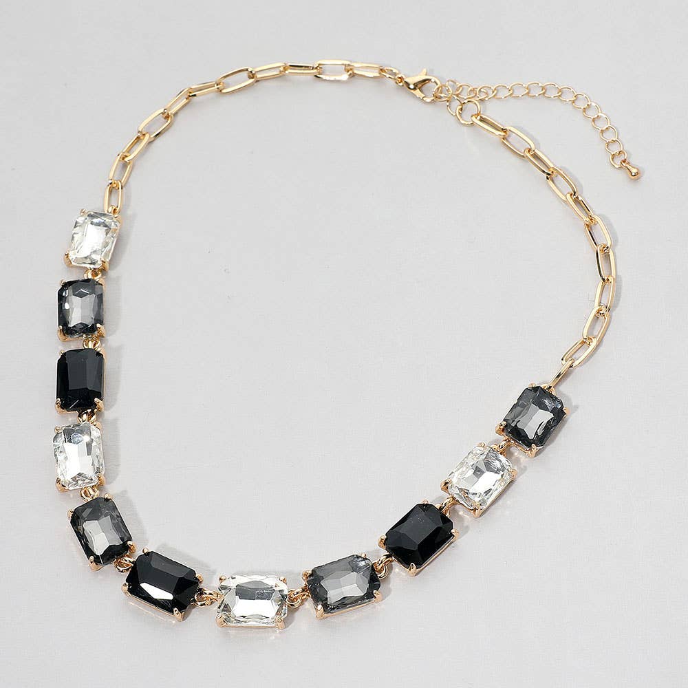 Cushion Rectangular Stone Cluster Link Evening Necklace: AB,Multi