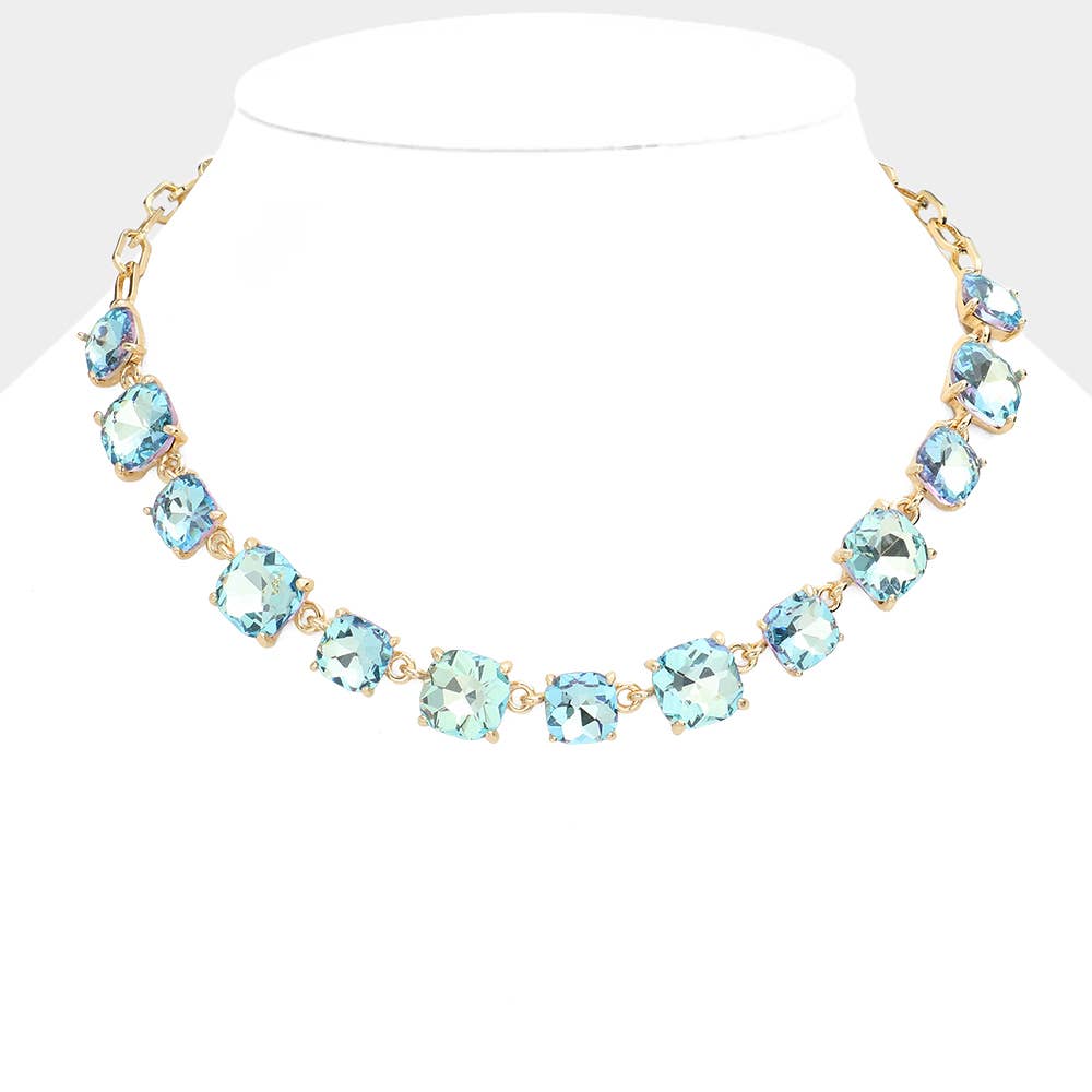 Cushion Square Stone Link Evening Necklace: AB,Blue