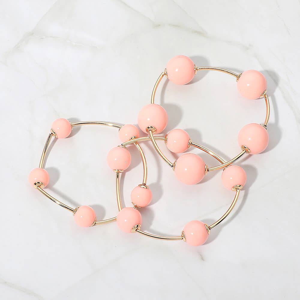 3PCS - Resin Ball Metal Bar Beaded Stretch Stackable Multi Layered Bracelets: Gold,Light,Pink