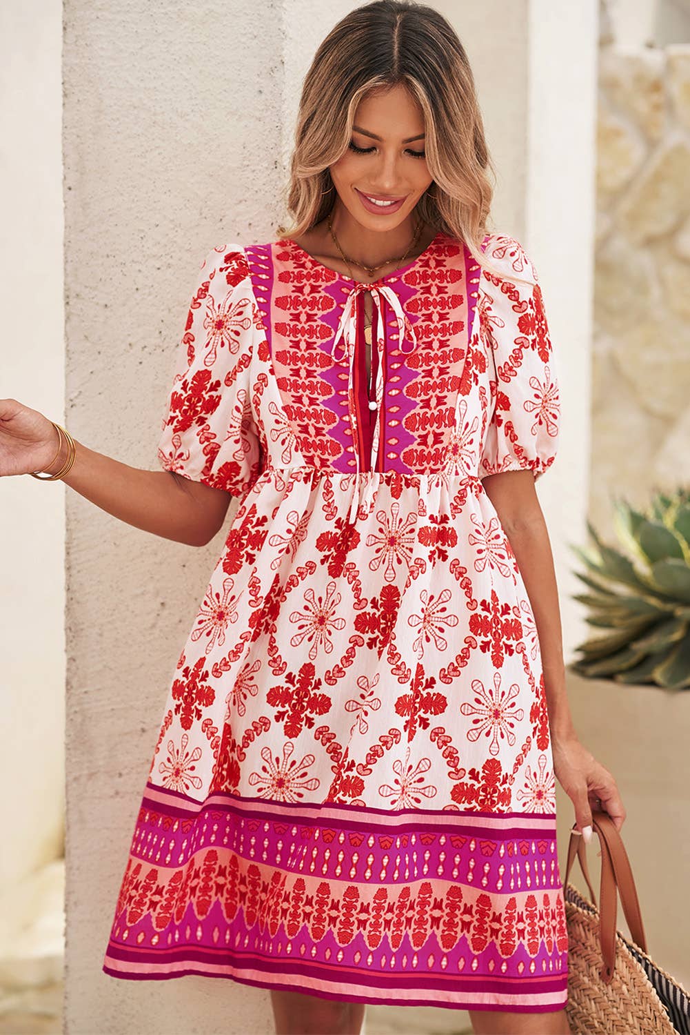 LDC Boho Floral Short Sleeve Lace-up V Neck Mini Dress: Rose / XL