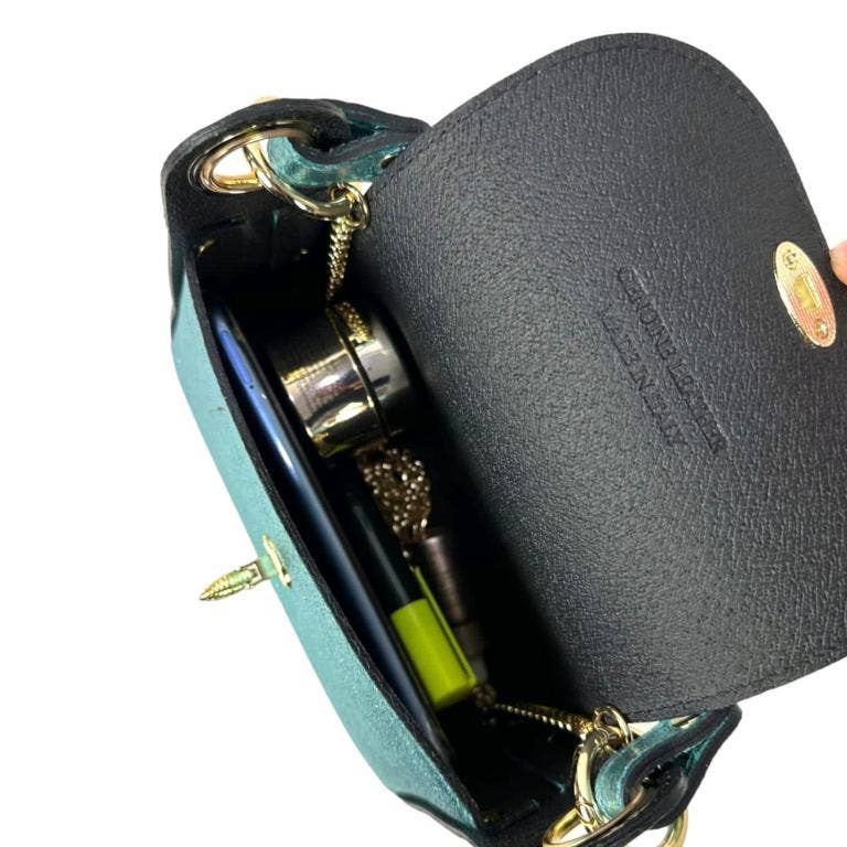 Women's Metallic Leather Compact Bag with Studs and Bee: Turquoise