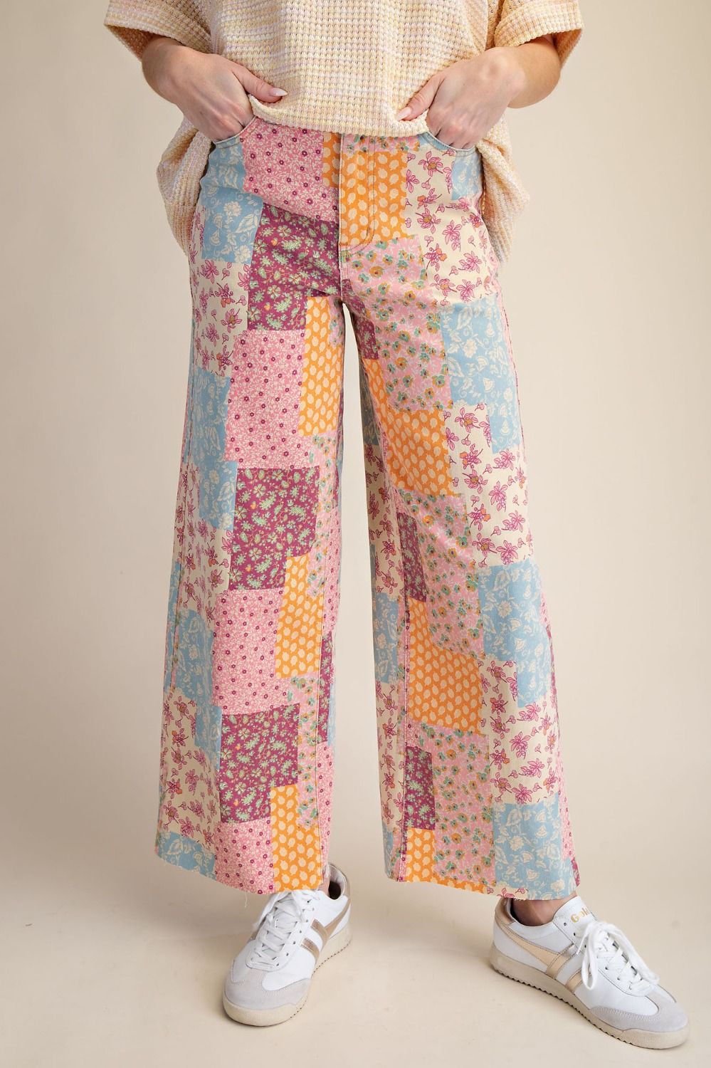 Easel Patchwork Print Pants Lt Khaki