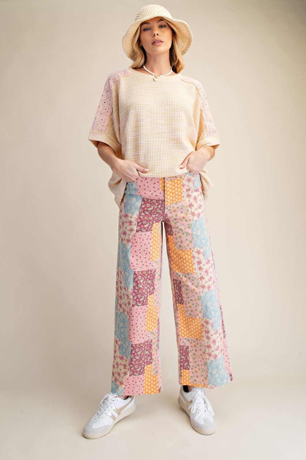 Easel Patchwork Print Pants Lt Khaki