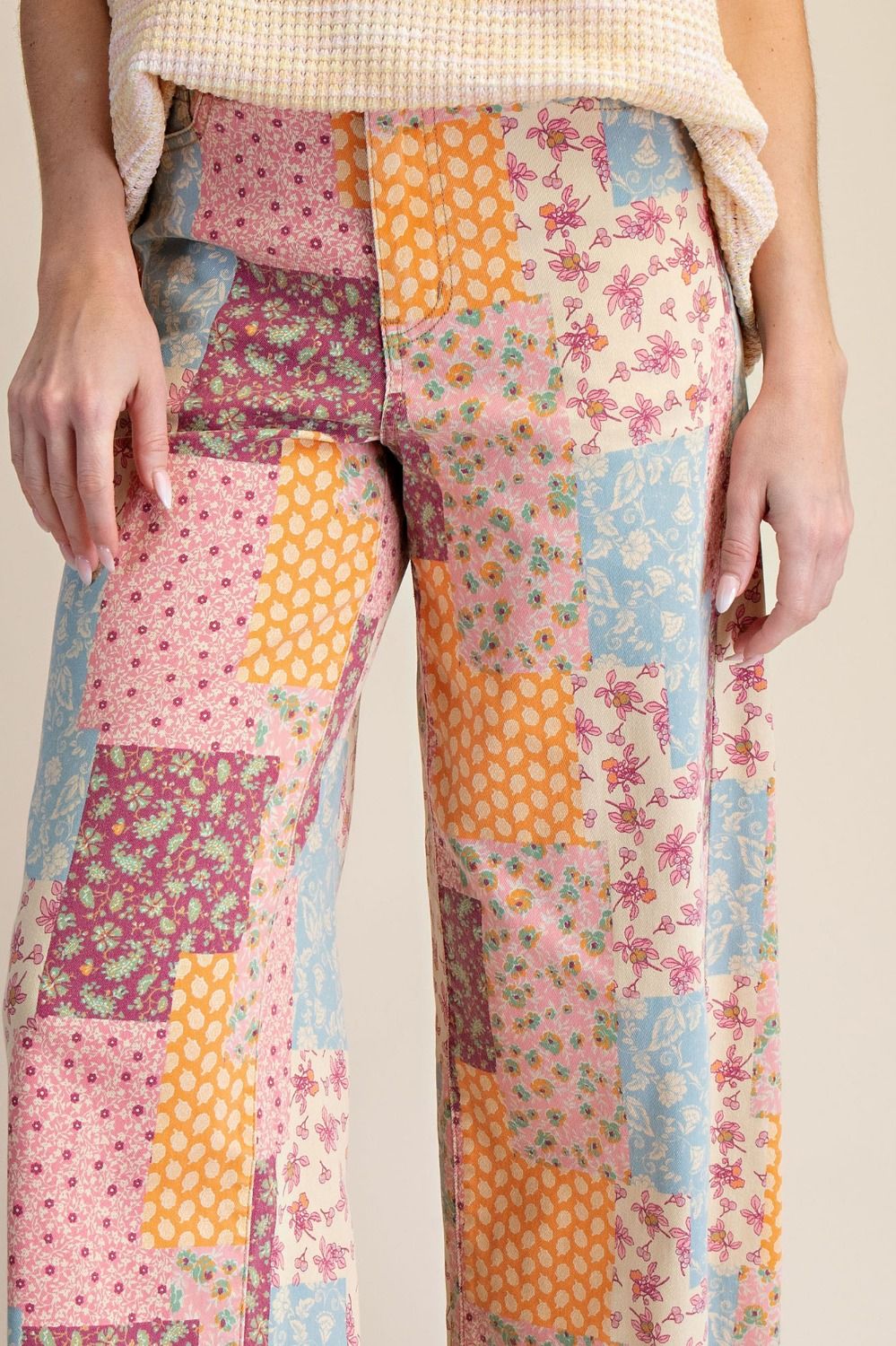 Easel Patchwork Print Pants Lt Khaki